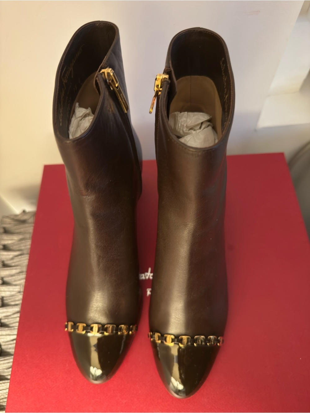 Ferragamo Brown Leather Ankle Boots with Gold Chain Accent- size 7.5